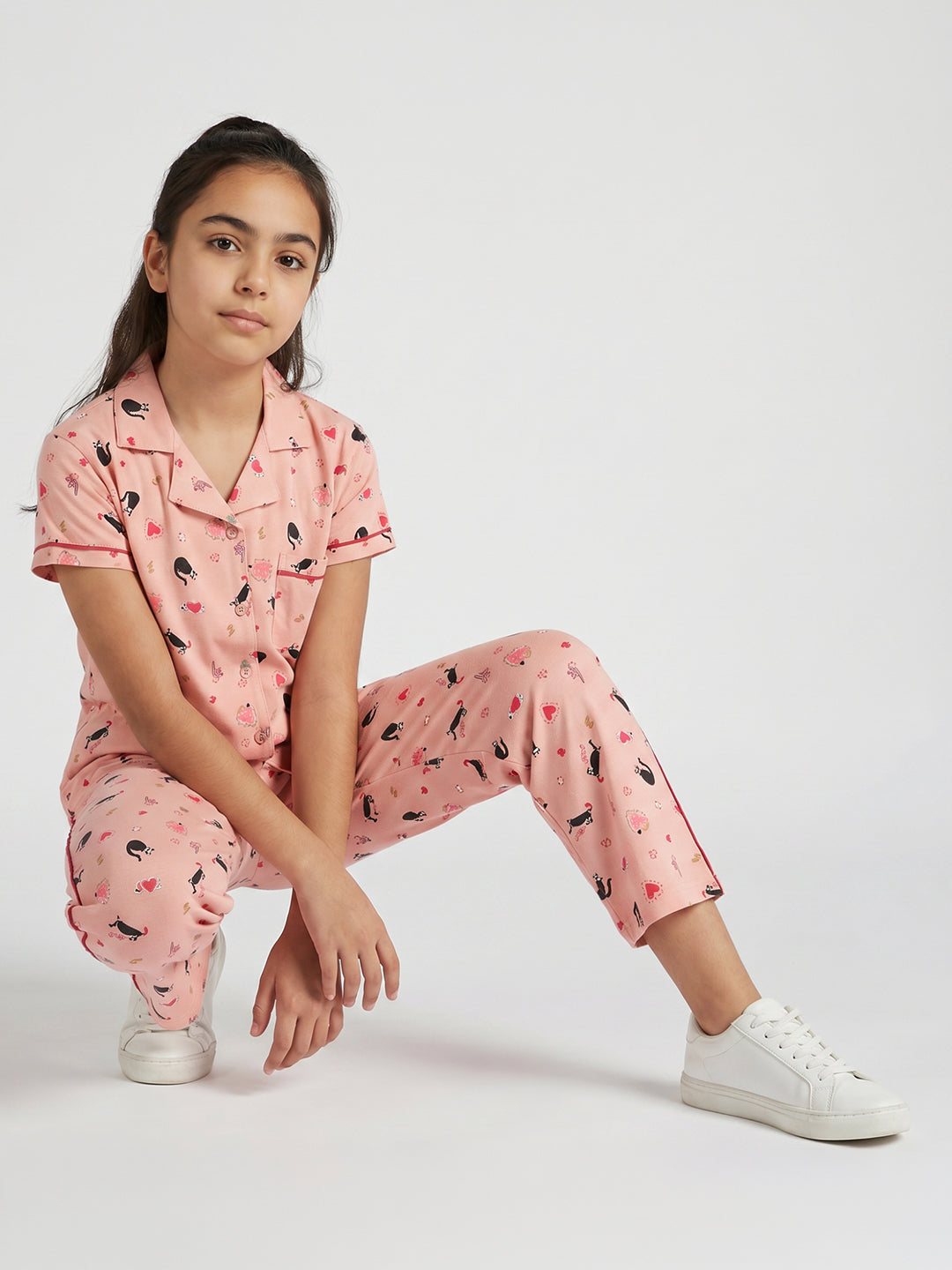 Girls Peach Printed Collar Half Sleeve Cords Set