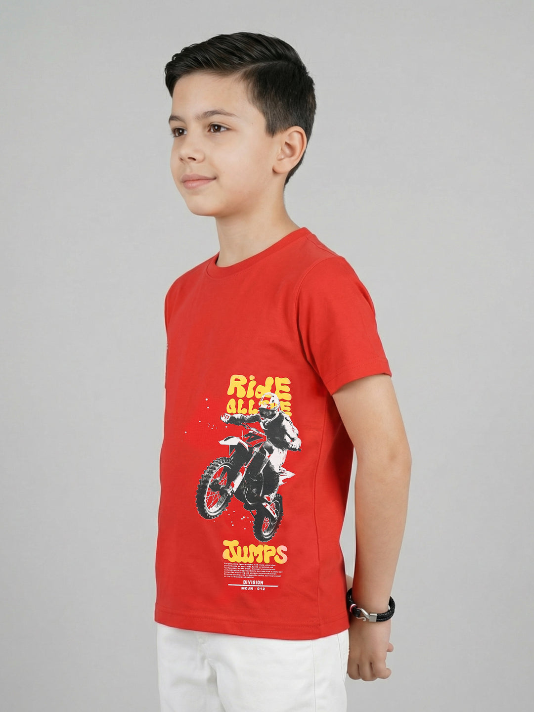 Boys Red Printed Round Neck Half Sleeve T-Shirt