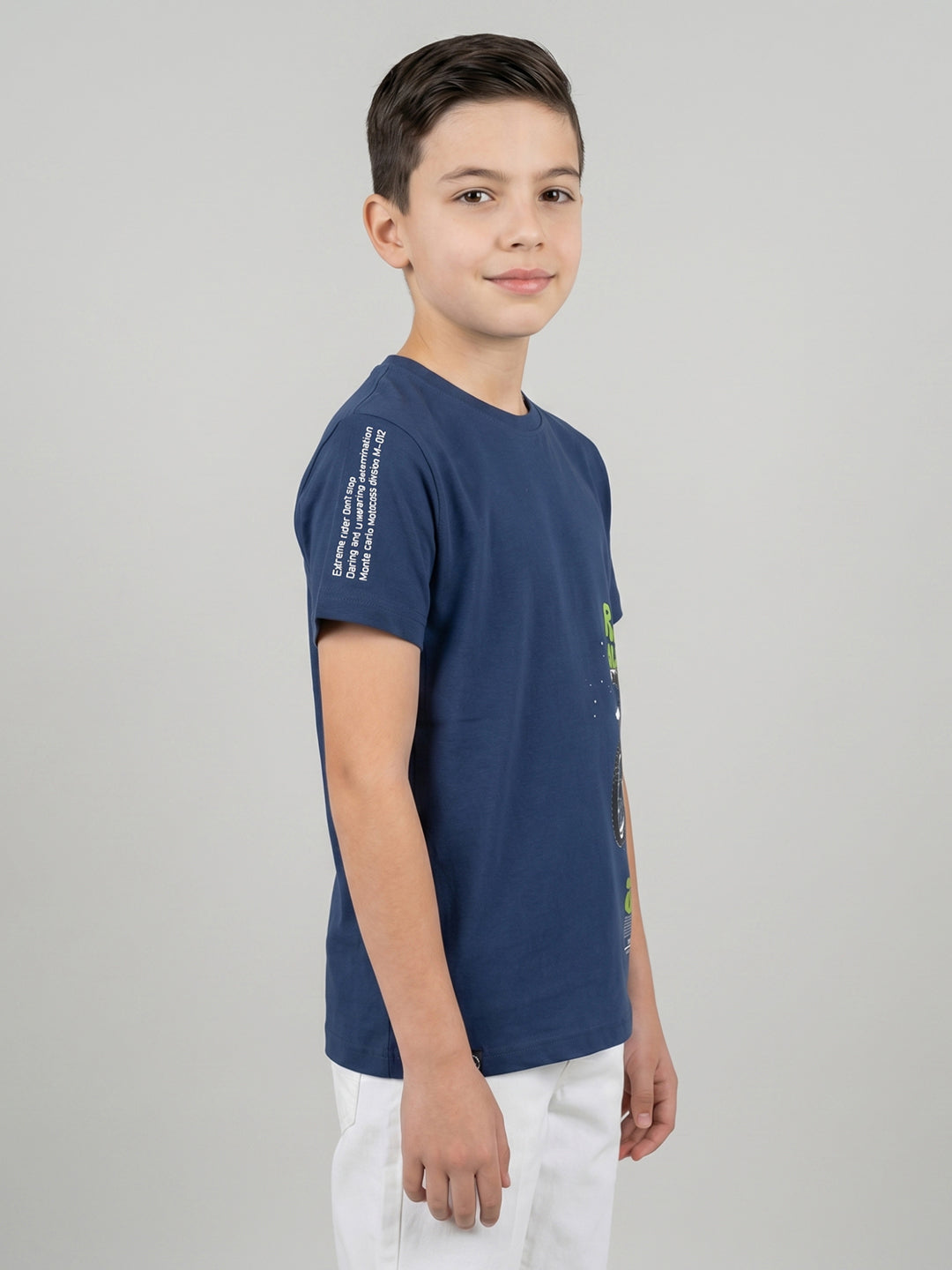 Boys Navy Blue Printed Round Neck Half Sleeve T-Shirt