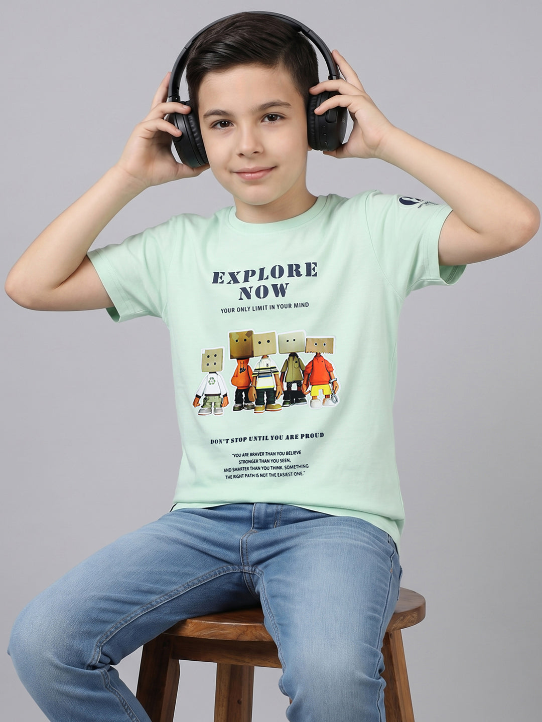 Boys Light Green Printed Round Neck Half Sleeve T-Shirt