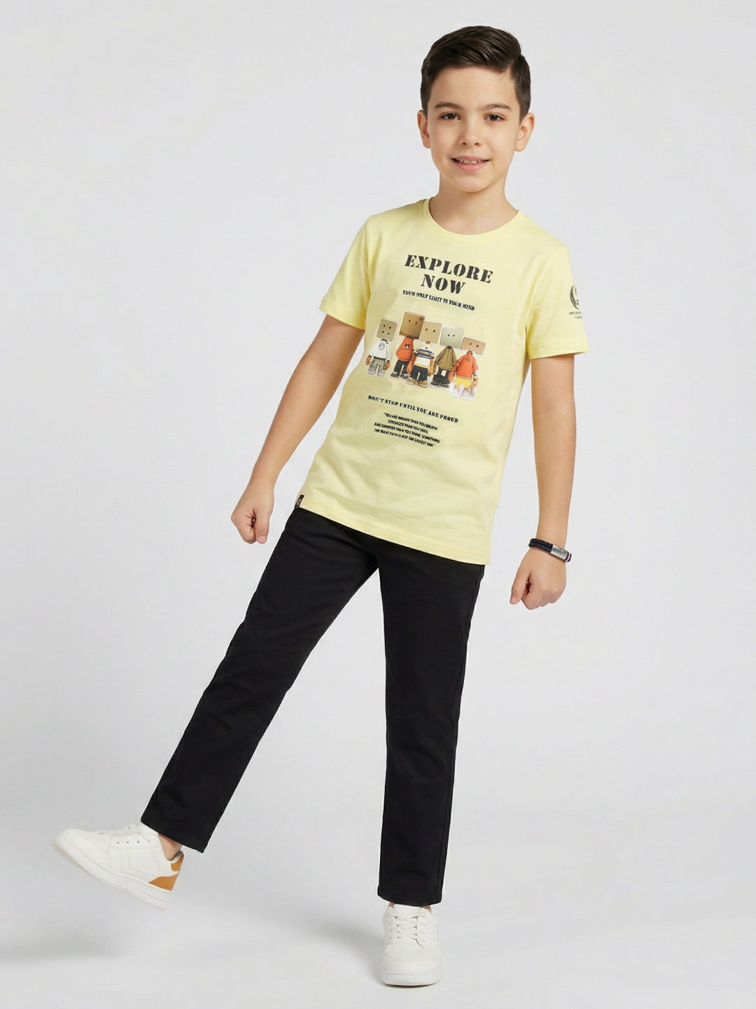 Boys Yellow Printed Round Neck Half Sleeve T-Shirt