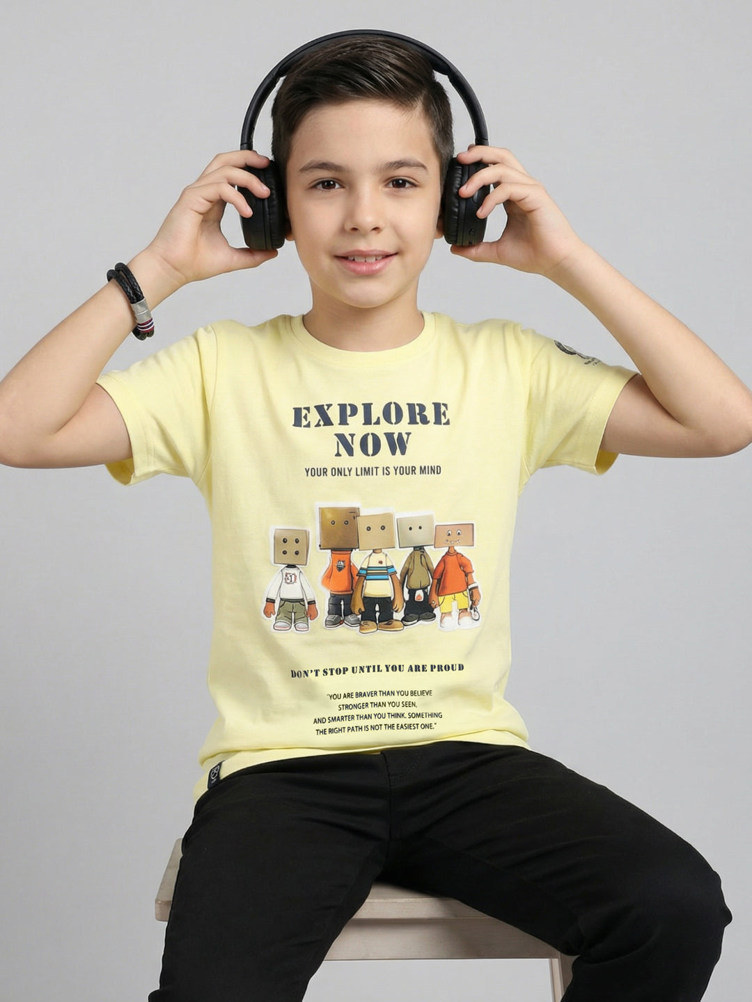Boys Yellow Printed Round Neck Half Sleeve T-Shirt