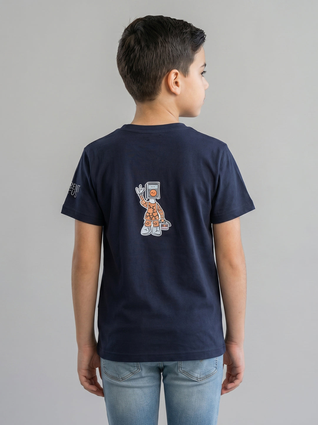 Boys Navy Blue Printed Round Neck Half Sleeve T-Shirt