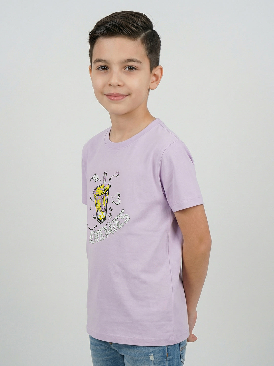 Boys Purple Printed Round Neck Half Sleeve T-Shirt