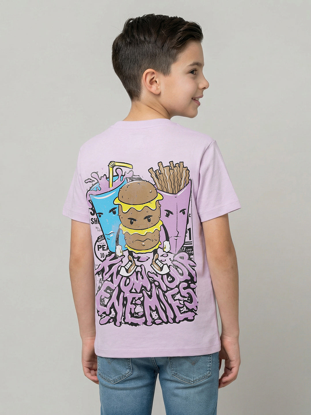 Boys Purple Printed Round Neck Half Sleeve T-Shirt