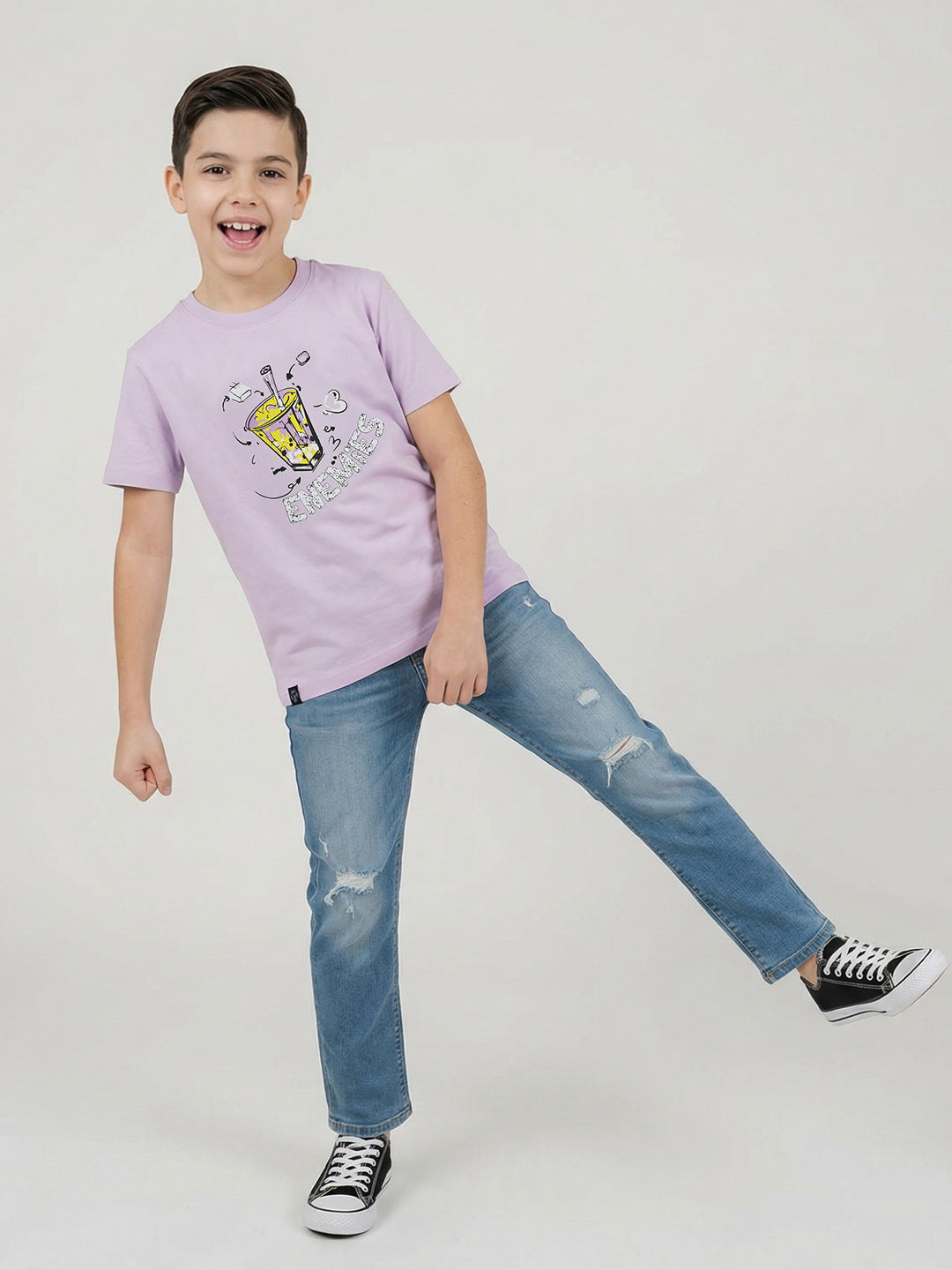 Boys Purple Printed Round Neck Half Sleeve T-Shirt
