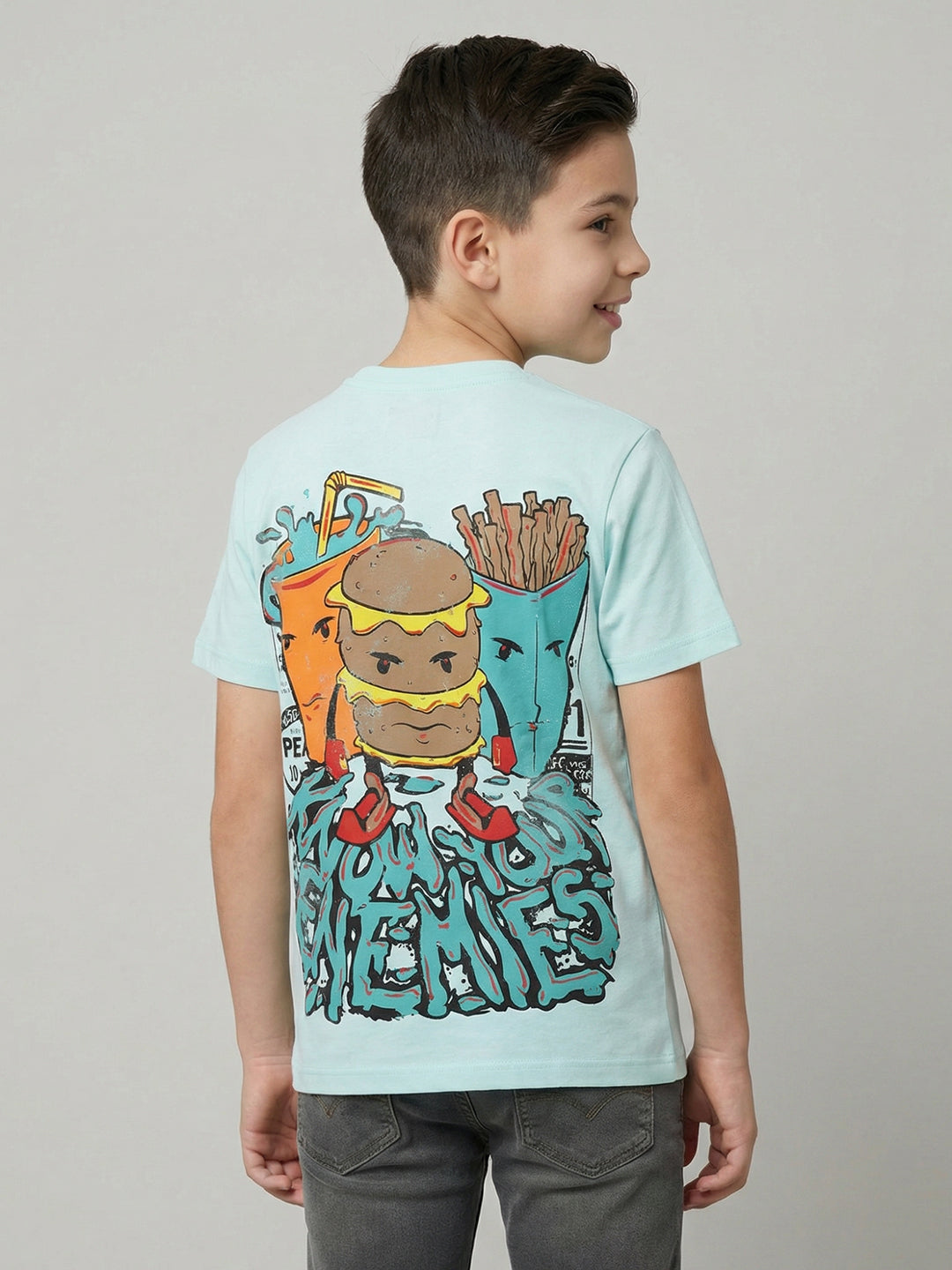 Boys Blue Printed Round Neck Half Sleeve T-Shirt