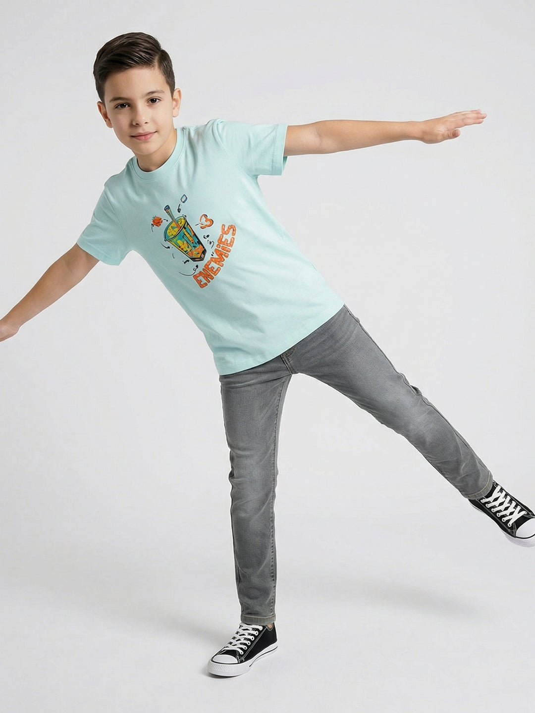 Boys Blue Printed Round Neck Half Sleeve T-Shirt