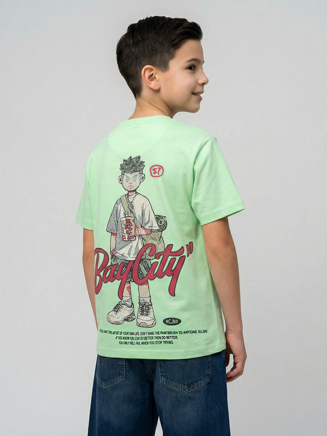 Boys Green Printed Round Neck Half Sleeve T-Shirt