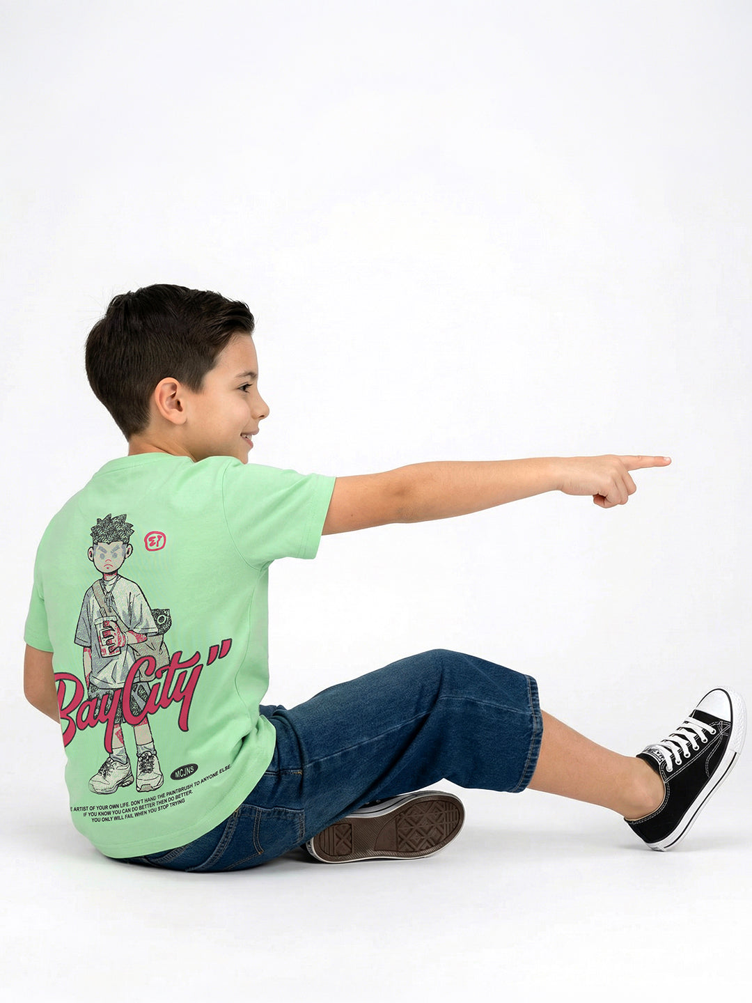 Boys Green Printed Round Neck Half Sleeve T-Shirt