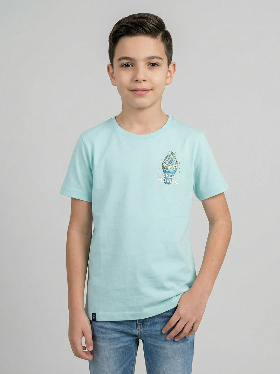 Boys Green Printed Round Neck Half Sleeve T-Shirt