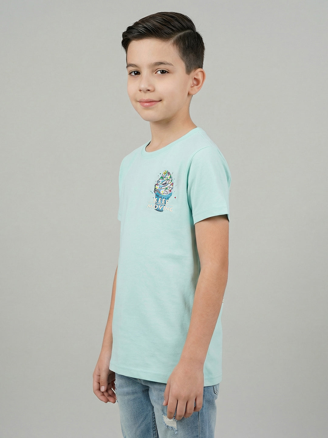 Boys Green Printed Round Neck Half Sleeve T-Shirt