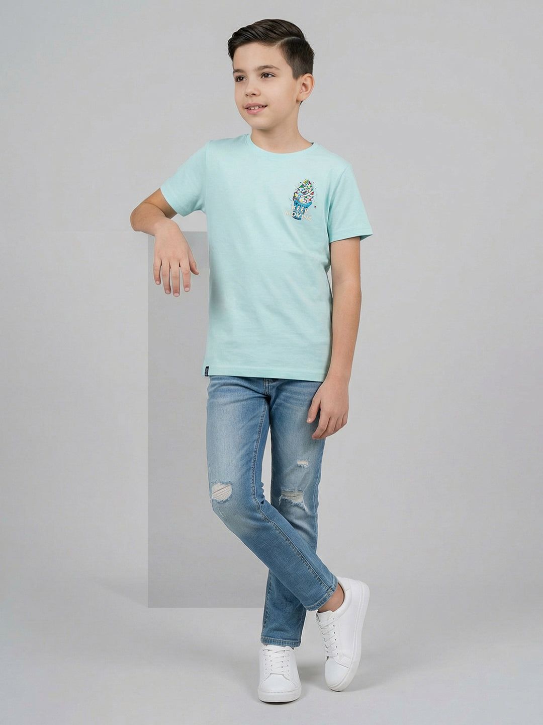 Boys Green Printed Round Neck Half Sleeve T-Shirt