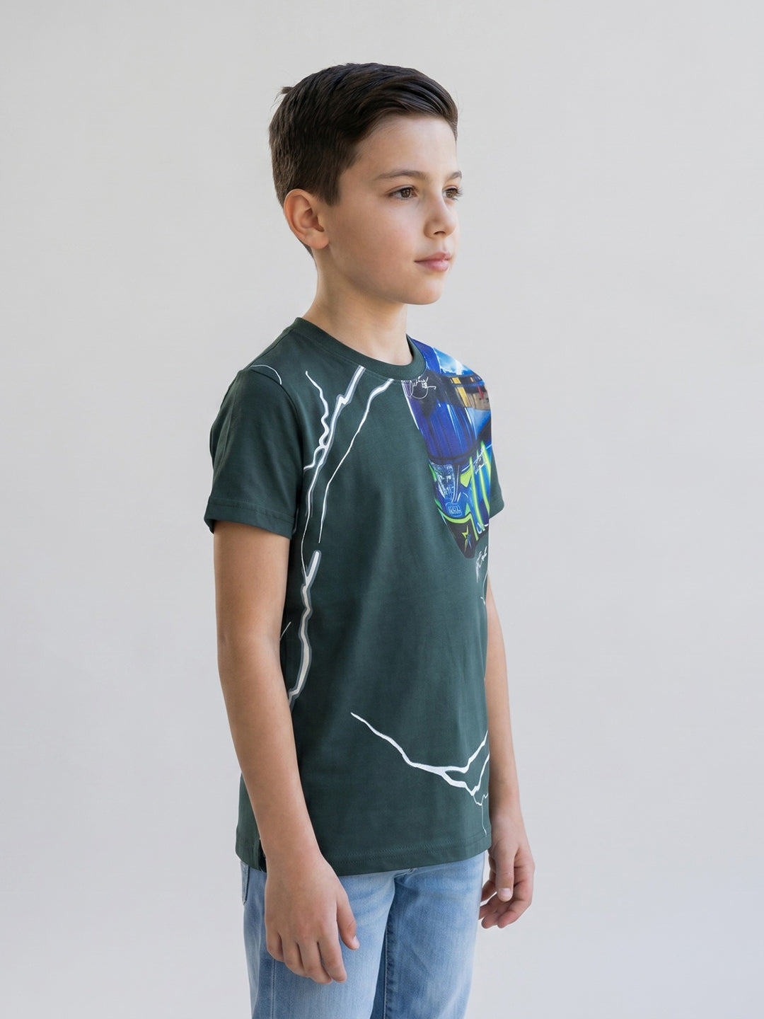 Boys Teal Blue Printed Round Neck Half Sleeve T-Shirt