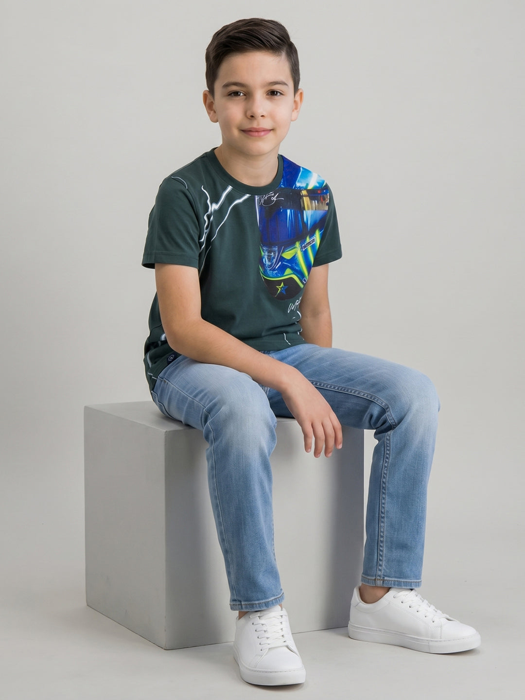 Boys Teal Blue Printed Round Neck Half Sleeve T-Shirt