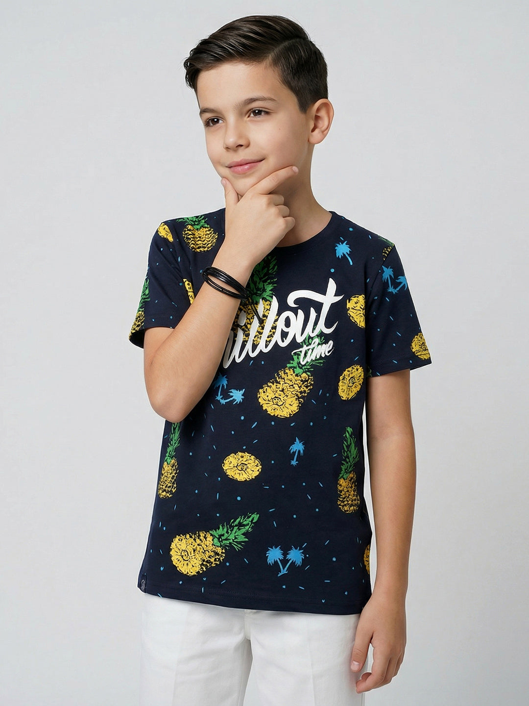 Boys Navy Blue Printed Round Neck Half Sleeve T-Shirt