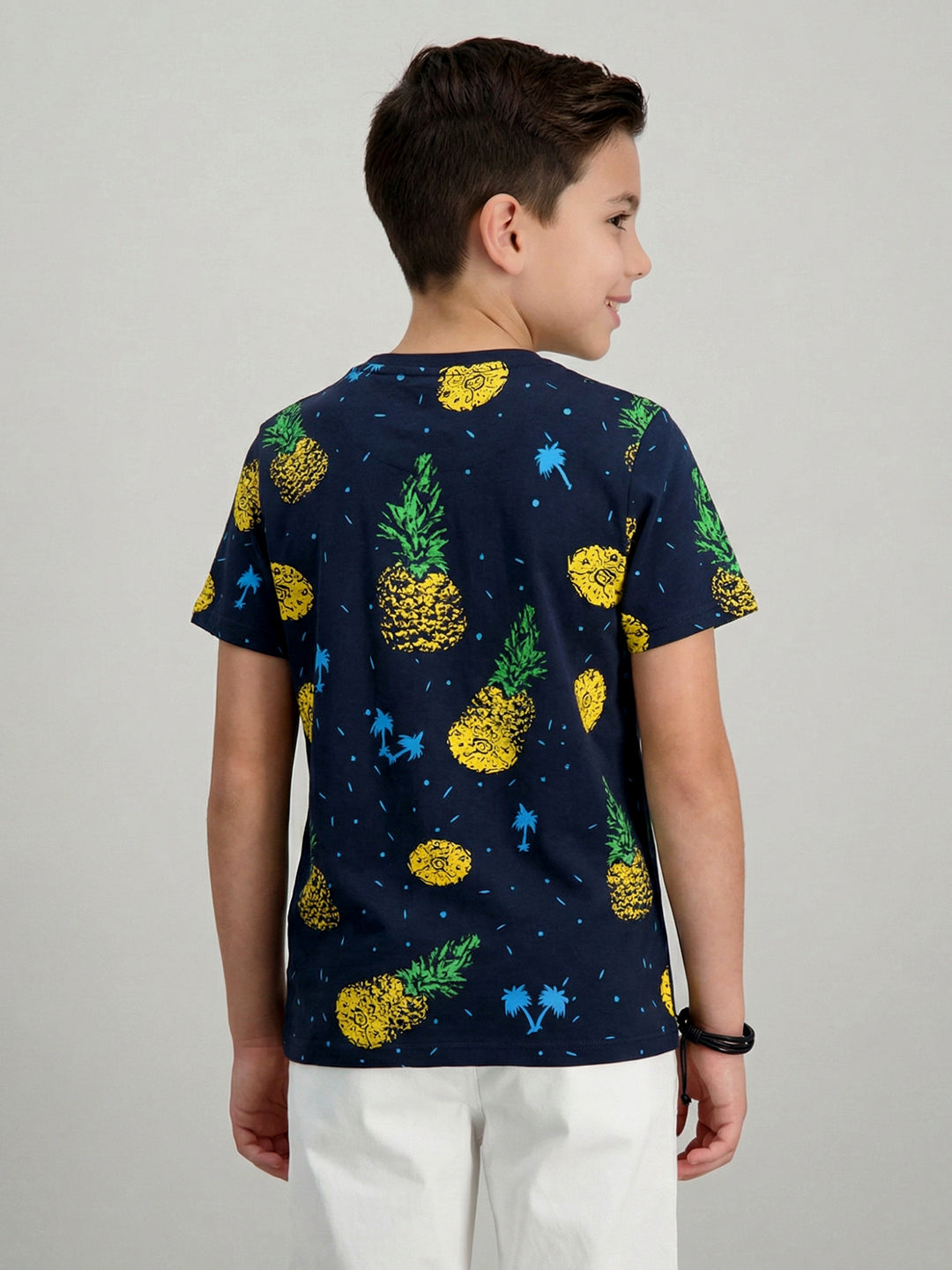 Boys Navy Blue Printed Round Neck Half Sleeve T-Shirt