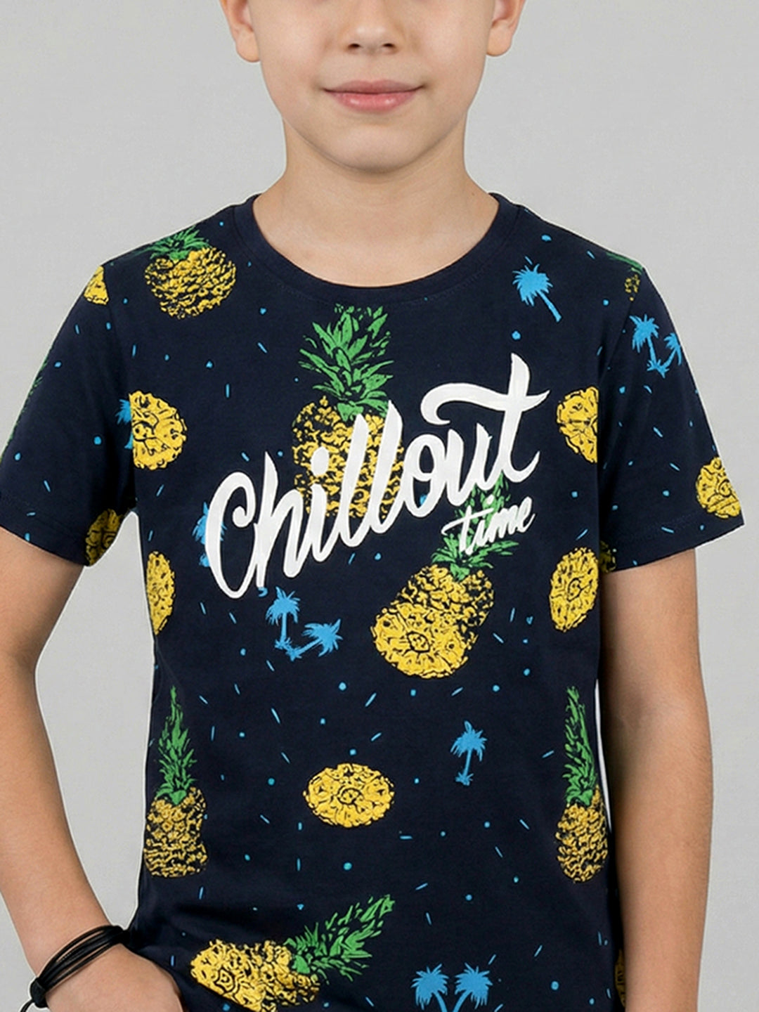 Boys Navy Blue Printed Round Neck Half Sleeve T-Shirt