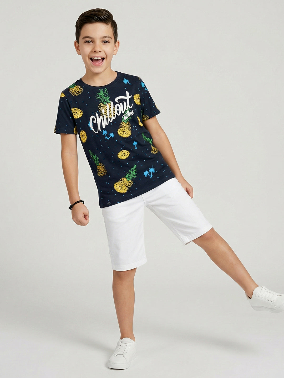 Boys Navy Blue Printed Round Neck Half Sleeve T-Shirt
