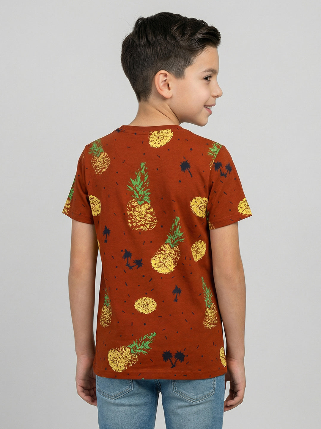 Boys Tan Printed Round Neck Half Sleeve T-Shirt