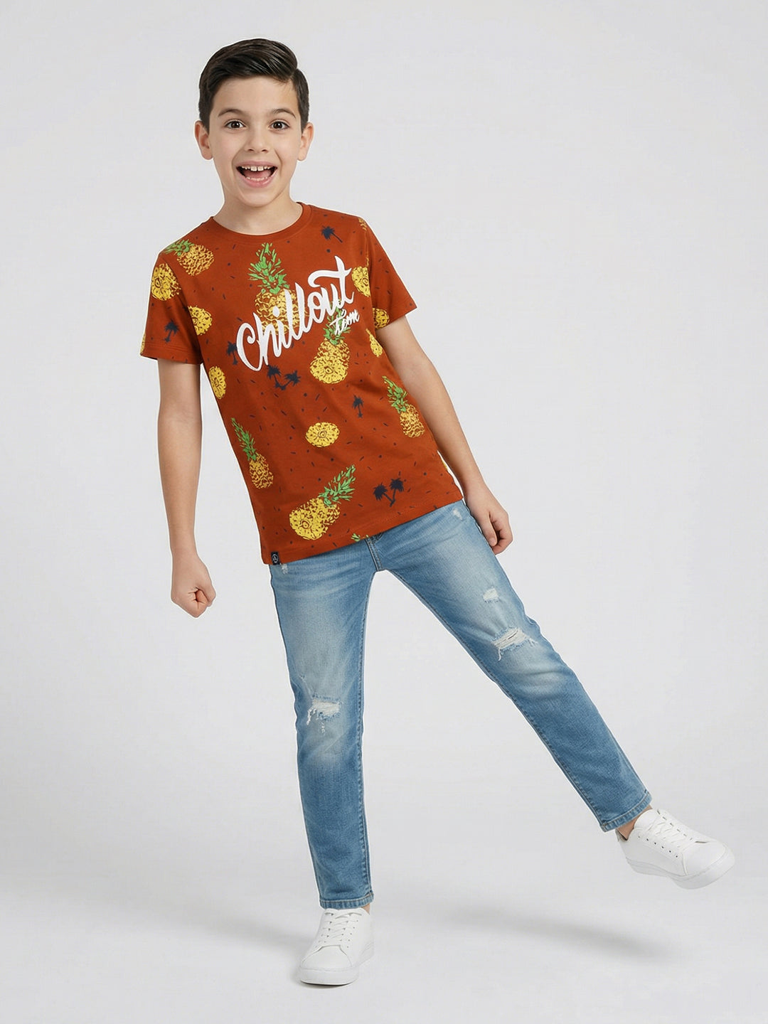 Boys Tan Printed Round Neck Half Sleeve T-Shirt