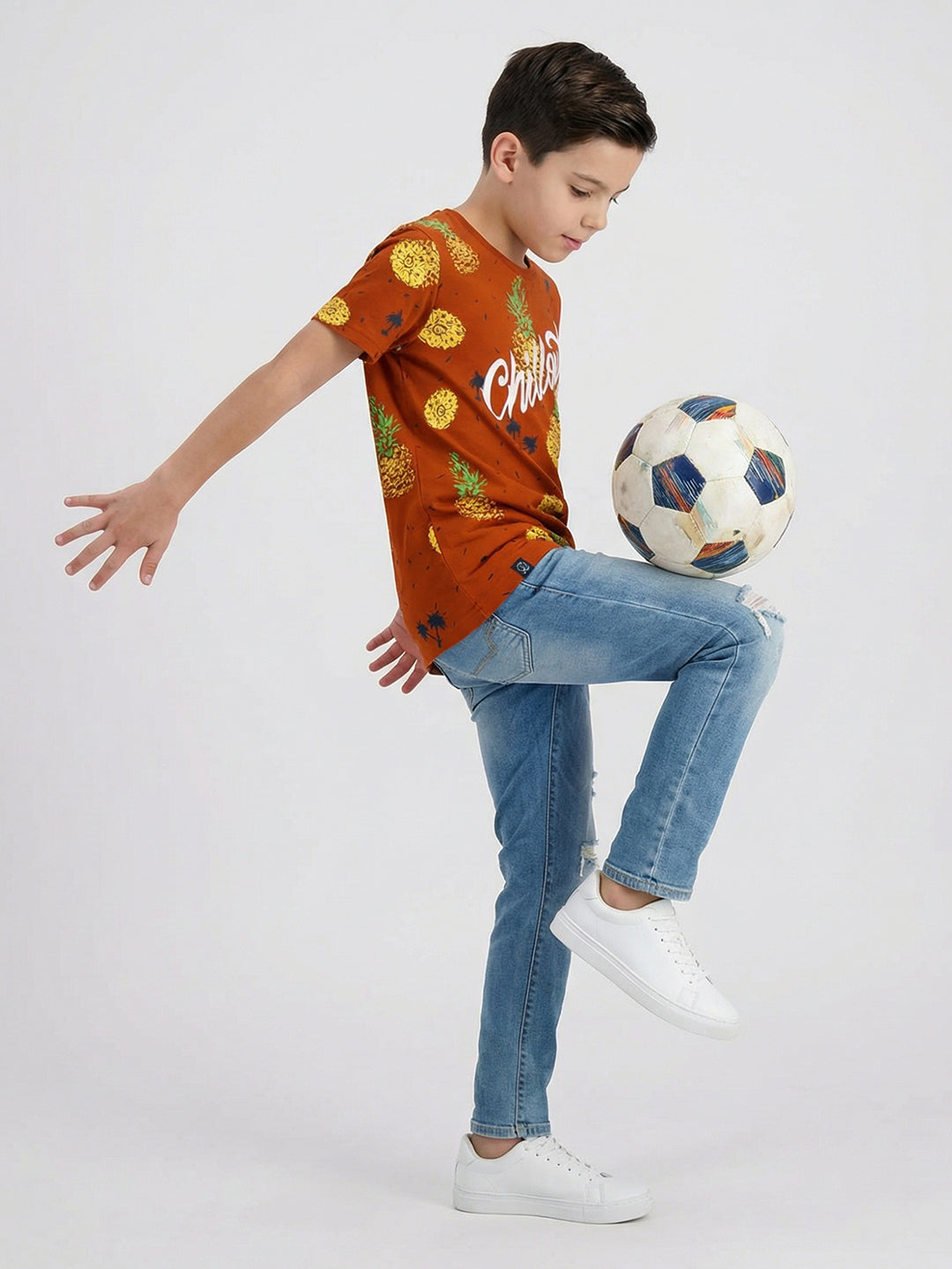 Boys Tan Printed Round Neck Half Sleeve T-Shirt