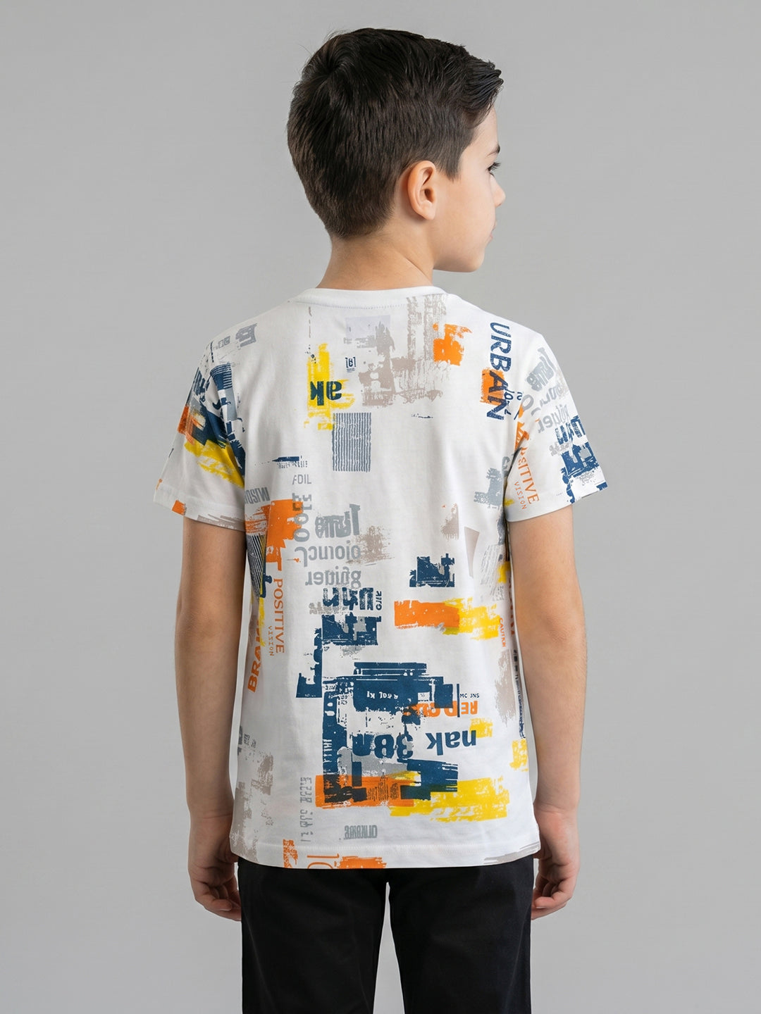 Boys White Printed Round Neck Half Sleeve T-Shirt