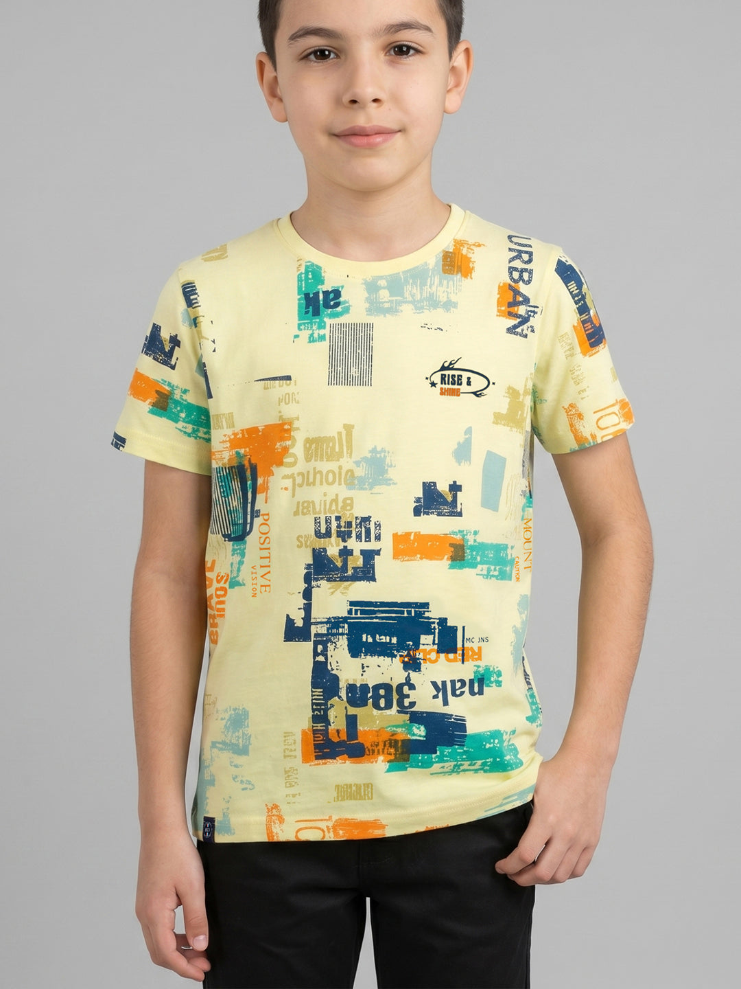 Boys Yellow Printed Round Neck Half Sleeve T-Shirt