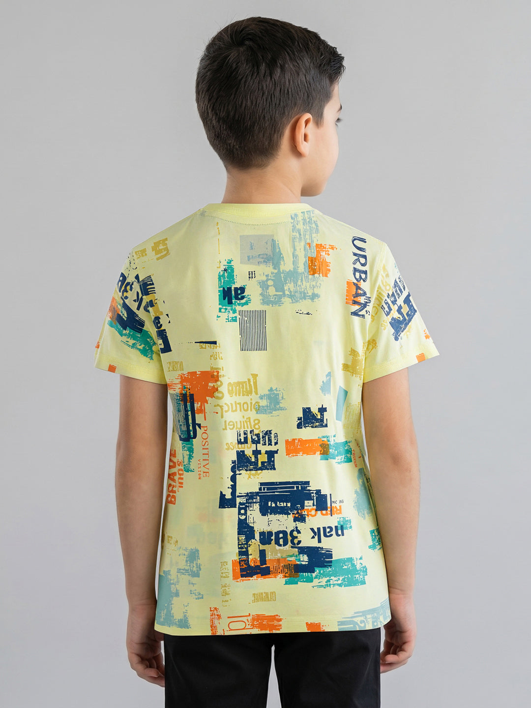 Boys Yellow Printed Round Neck Half Sleeve T-Shirt