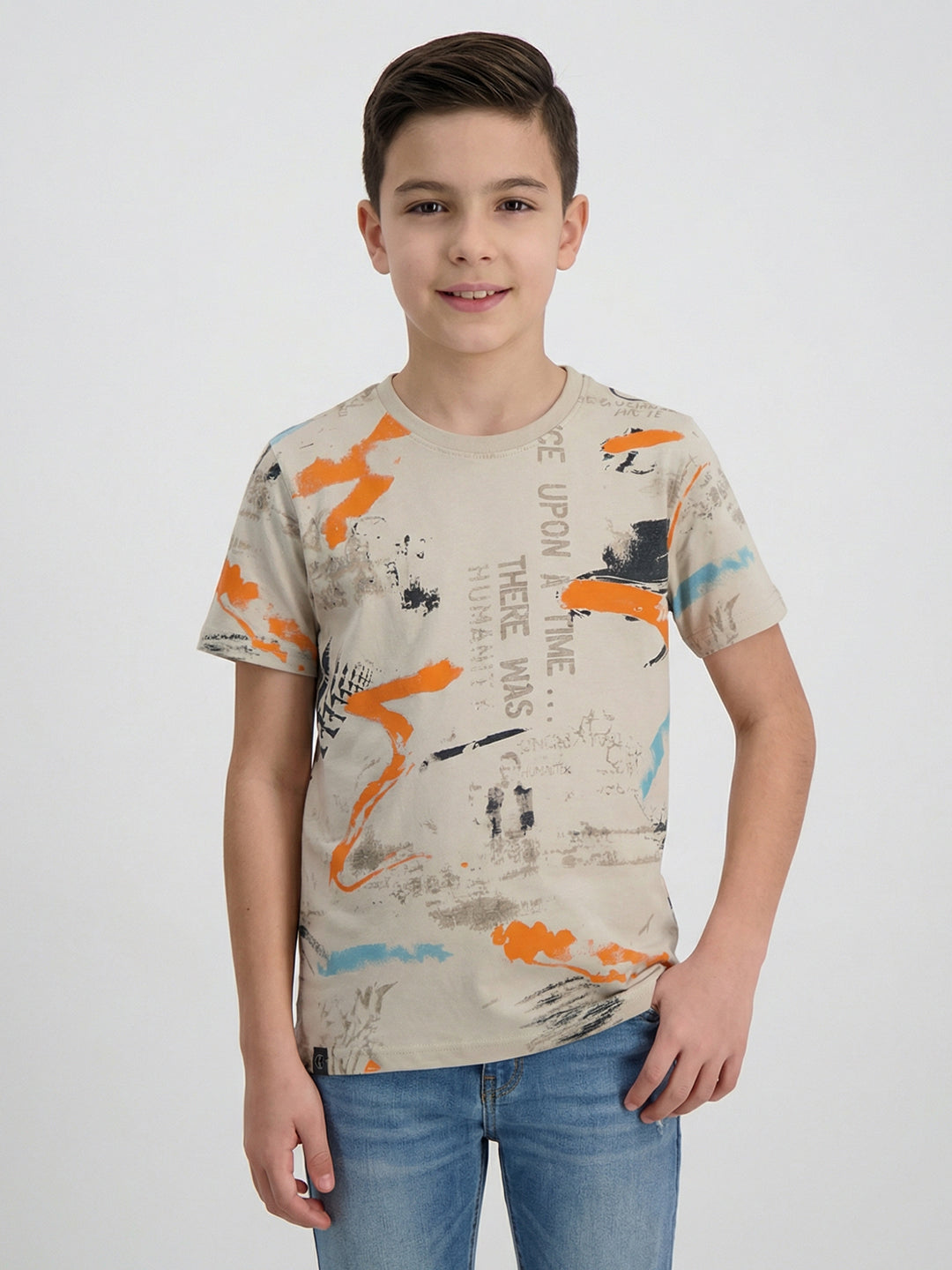 Boys Beige Printed Round Neck Half Sleeve T-Shirt