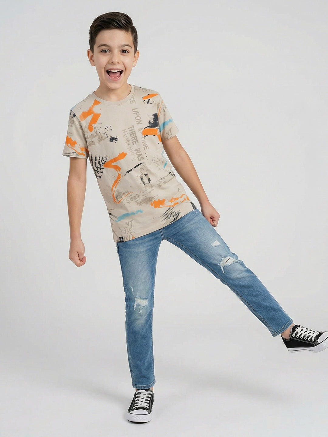 Boys Beige Printed Round Neck Half Sleeve T-Shirt