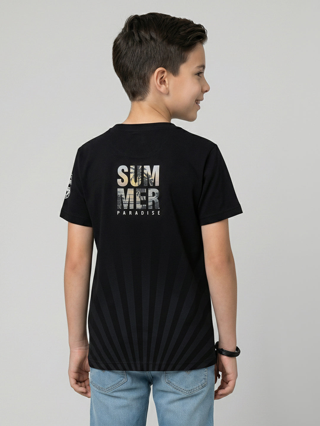 Boys Black Printed Round Neck Half Sleeve T-Shirt