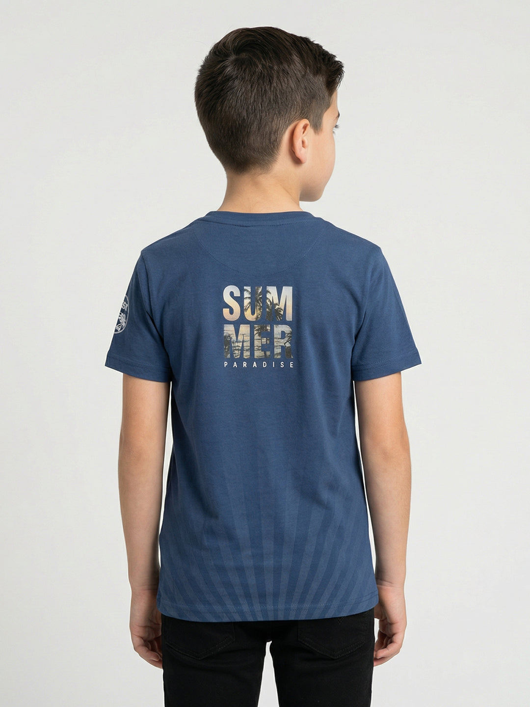 Boys Navy Blue Printed Round Neck Half Sleeve T-Shirt