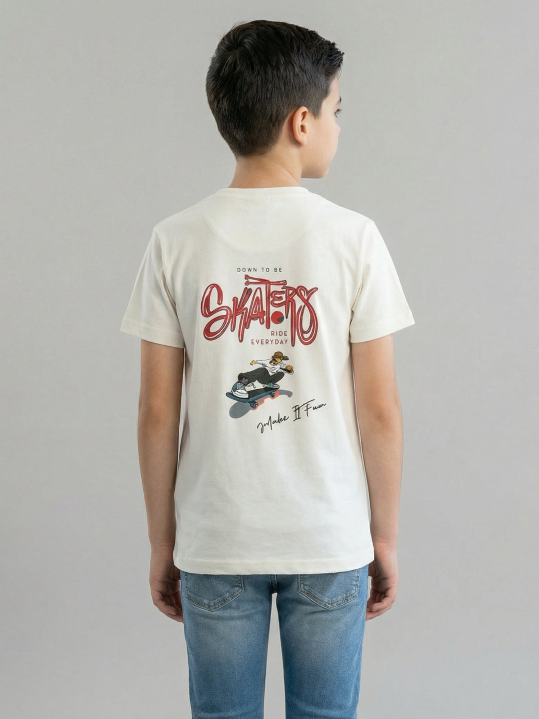 Boys Off White Printed Round Neck Half Sleeve T-Shirt