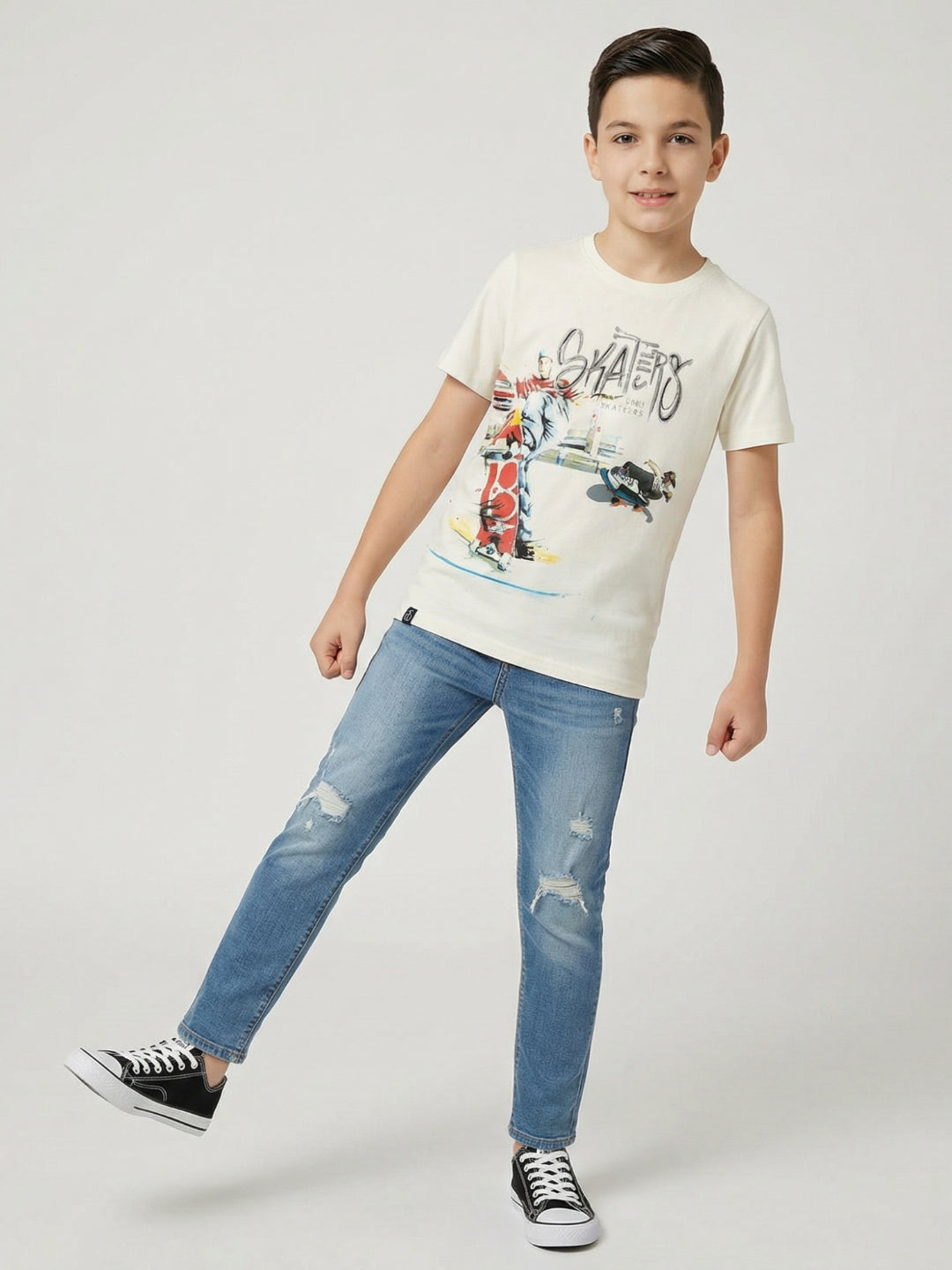 Boys Off White Printed Round Neck Half Sleeve T-Shirt