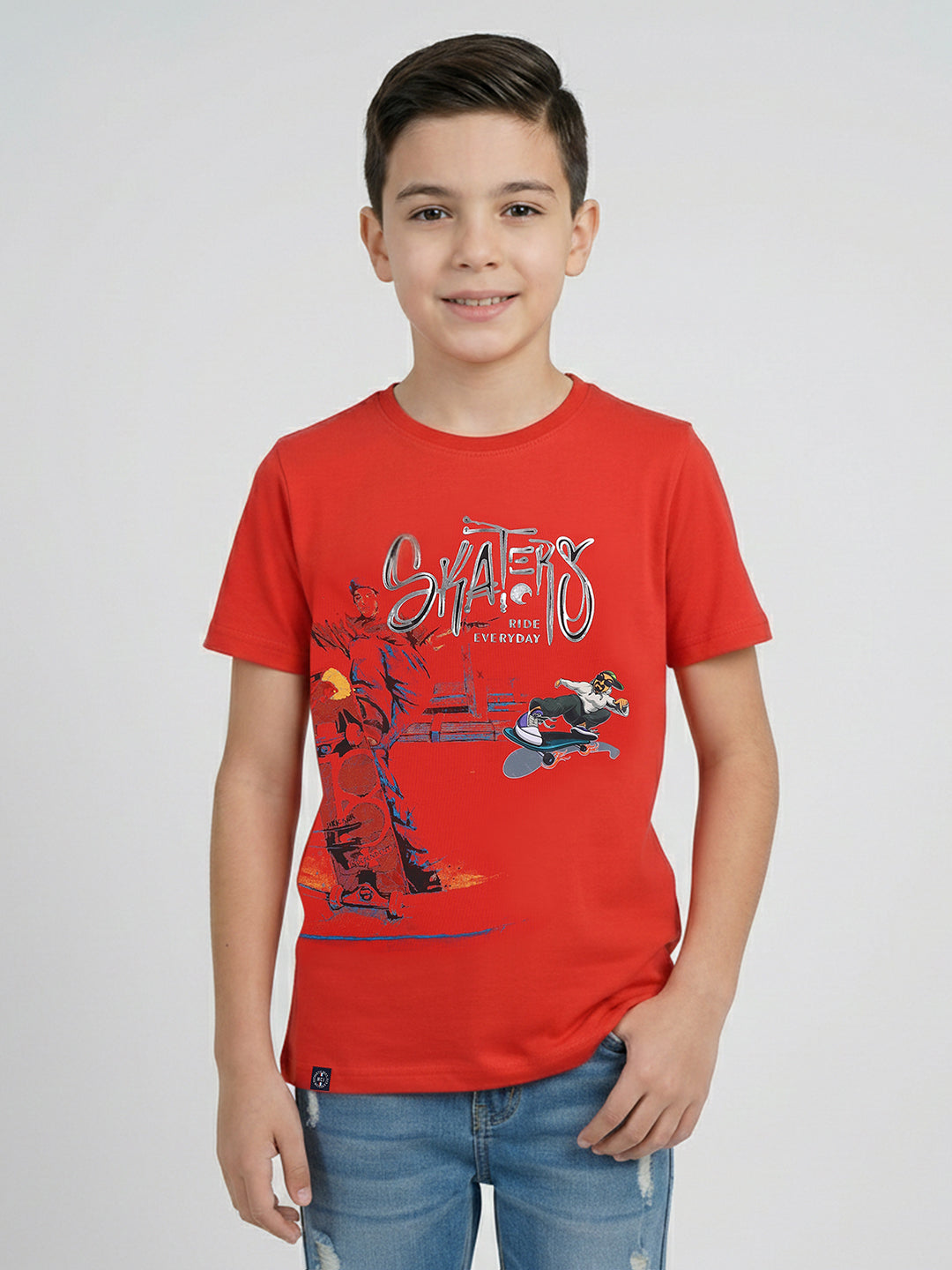 Boys Red Printed Round Neck Half Sleeve T-Shirt