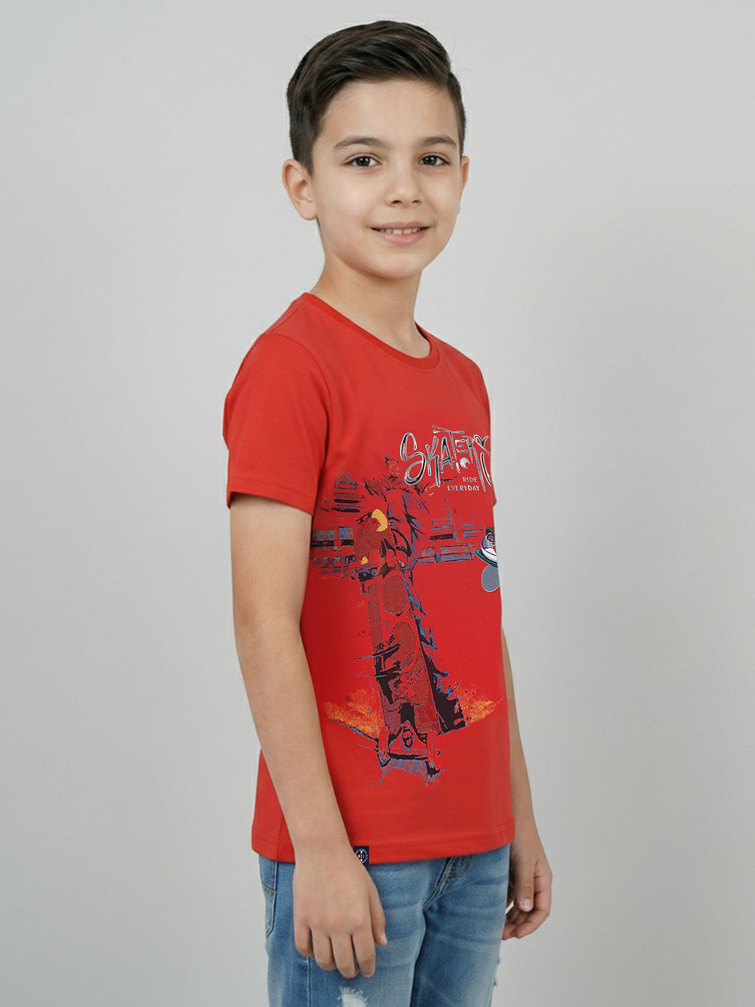 Boys Red Printed Round Neck Half Sleeve T-Shirt