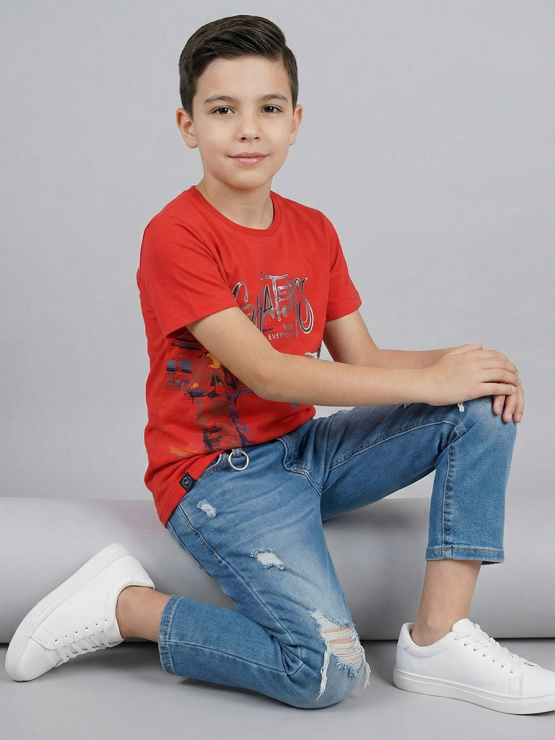Boys Red Printed Round Neck Half Sleeve T-Shirt
