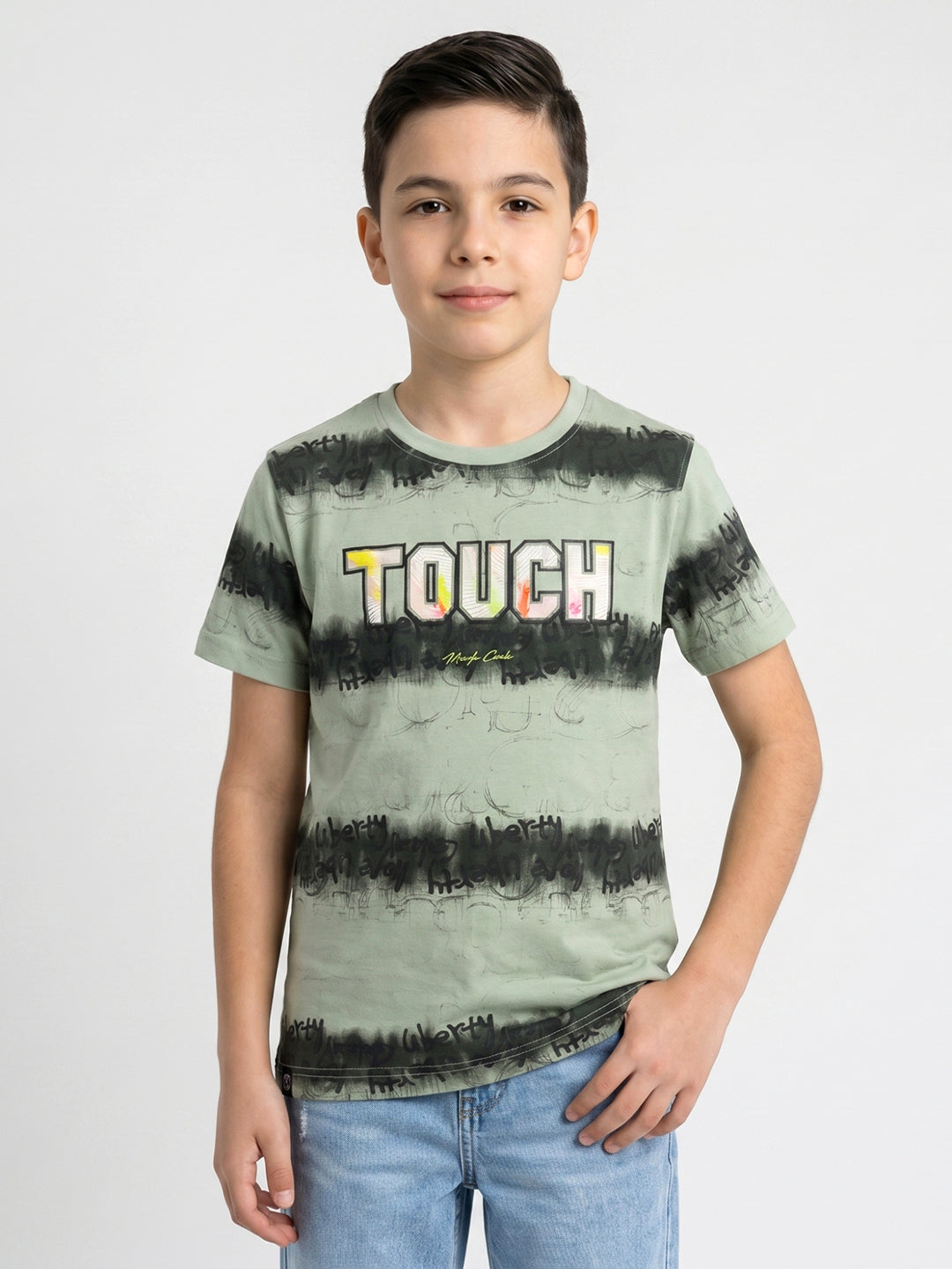 Boys Green Printed Round Neck Half Sleeve T-Shirt