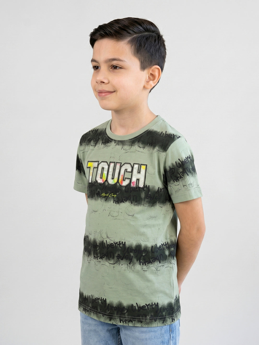 Boys Green Printed Round Neck Half Sleeve T-Shirt