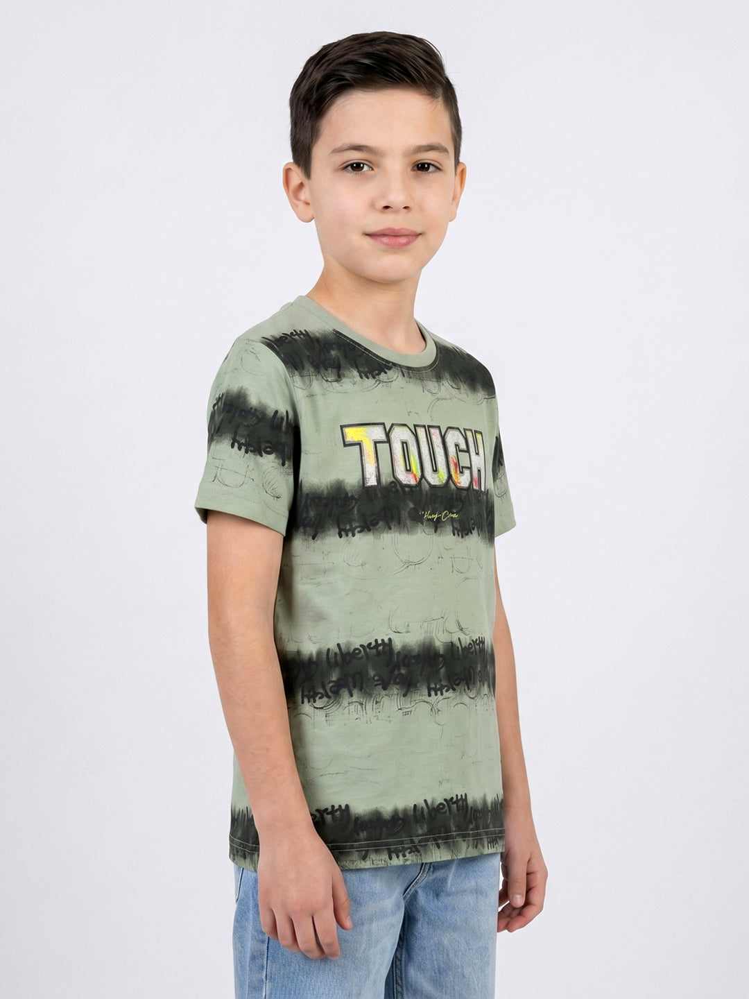 Boys Green Printed Round Neck Half Sleeve T-Shirt