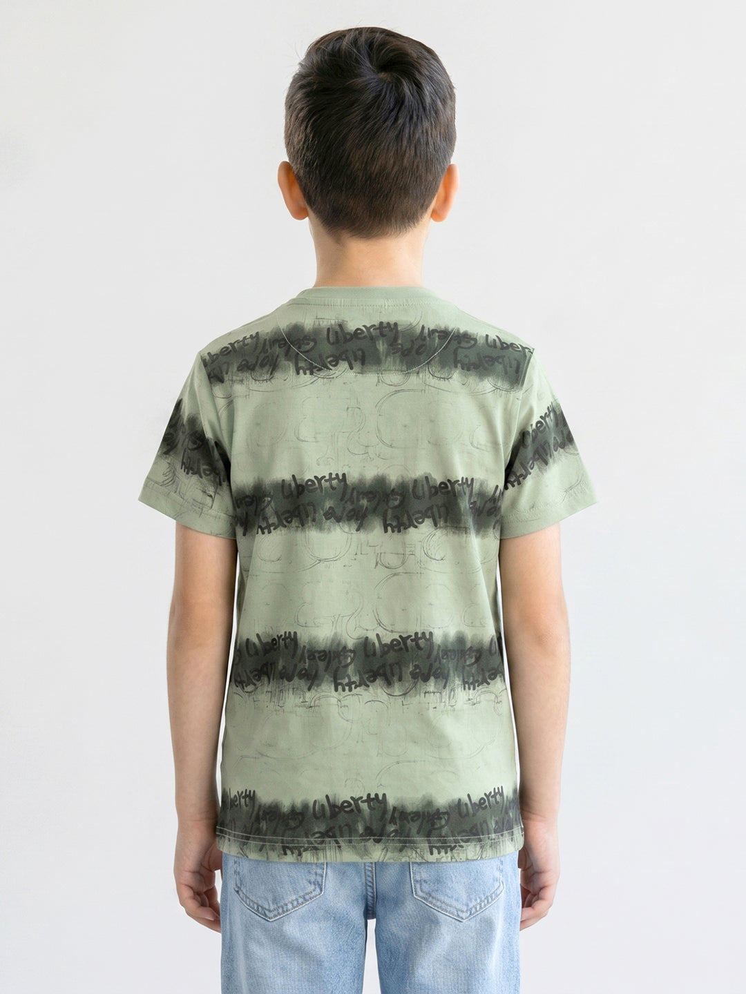 Boys Green Printed Round Neck Half Sleeve T-Shirt