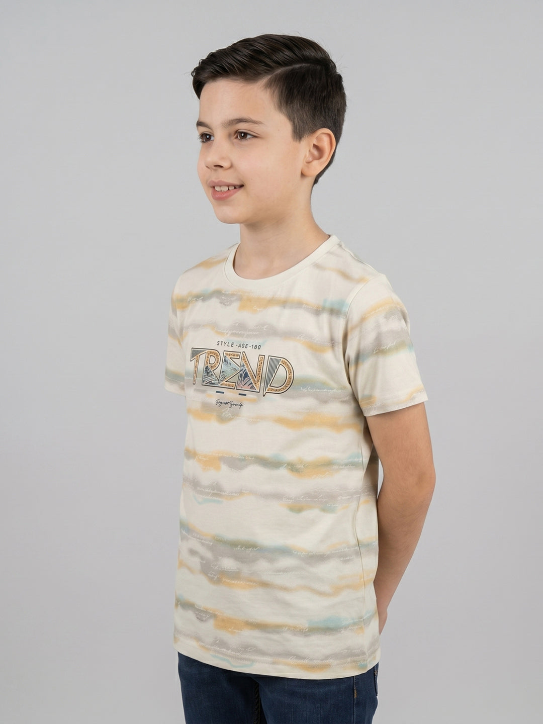 Boys Cream Printed Round Neck Half Sleeve T-Shirt