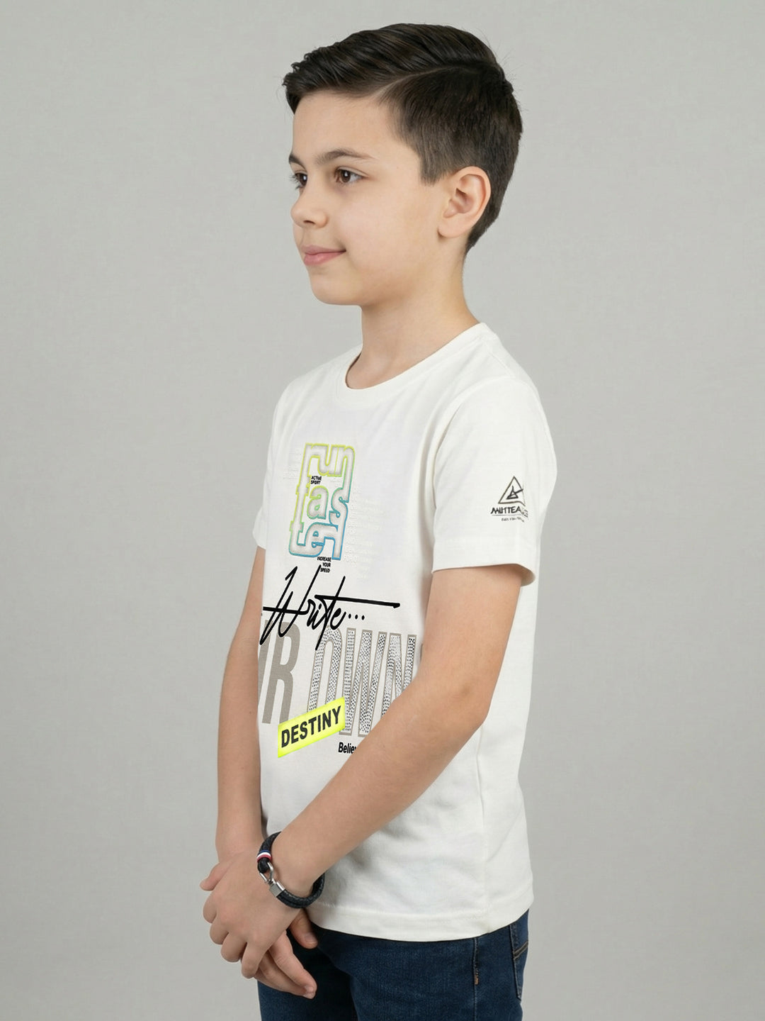 Boys Off White Printed Round Neck Half Sleeve T-Shirt