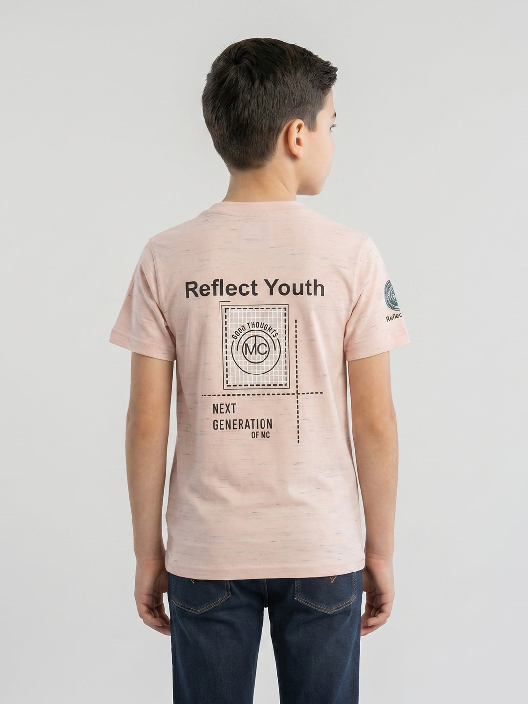 Boys Peach Printed Round Neck Half Sleeve T-Shirt