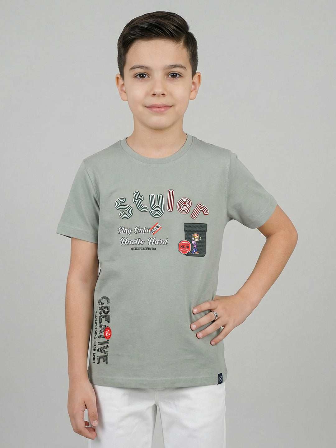 Boys Grey Printed Round Neck Half Sleeve T-Shirt