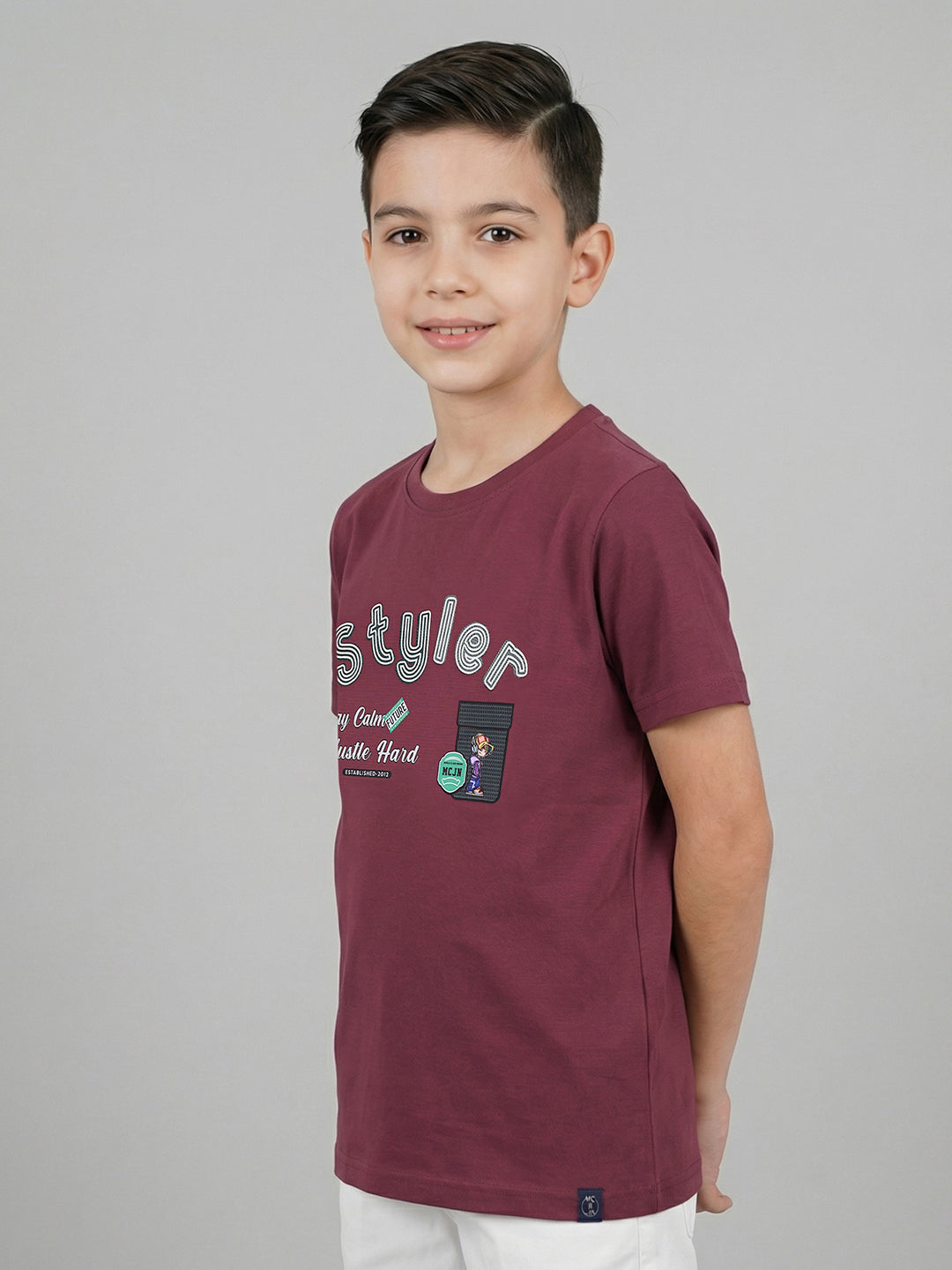 Boys Magenta Printed Round Neck Half Sleeve T-Shirt