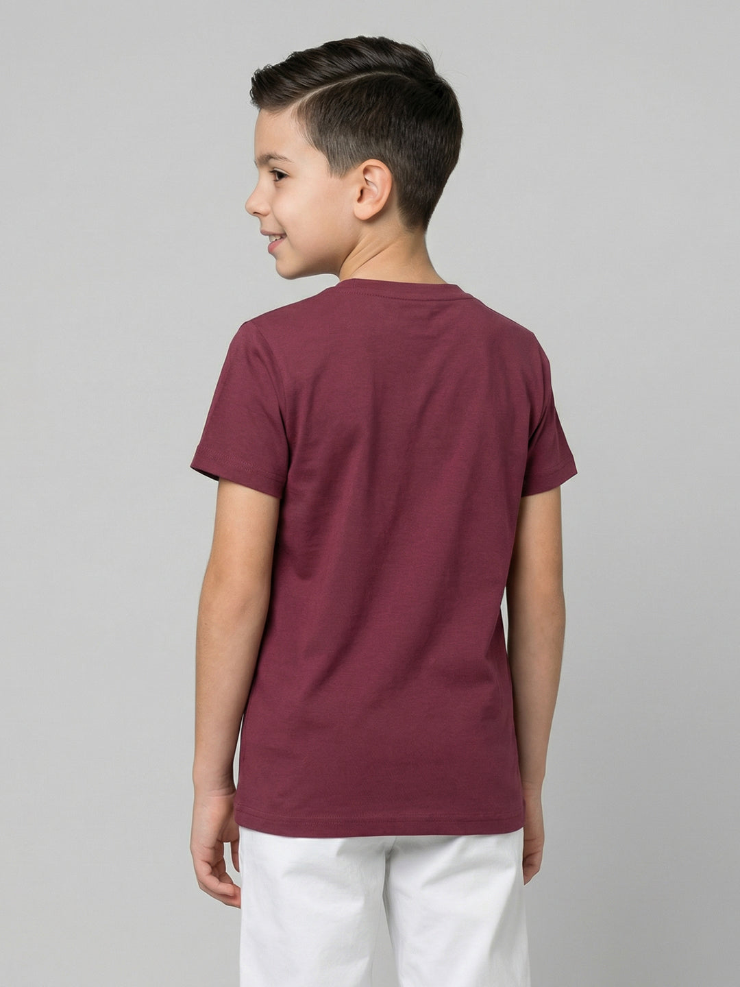 Boys Magenta Printed Round Neck Half Sleeve T-Shirt