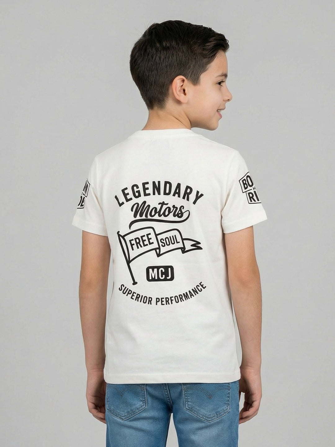 Boys Off White Printed Round Neck Half Sleeve T-Shirt
