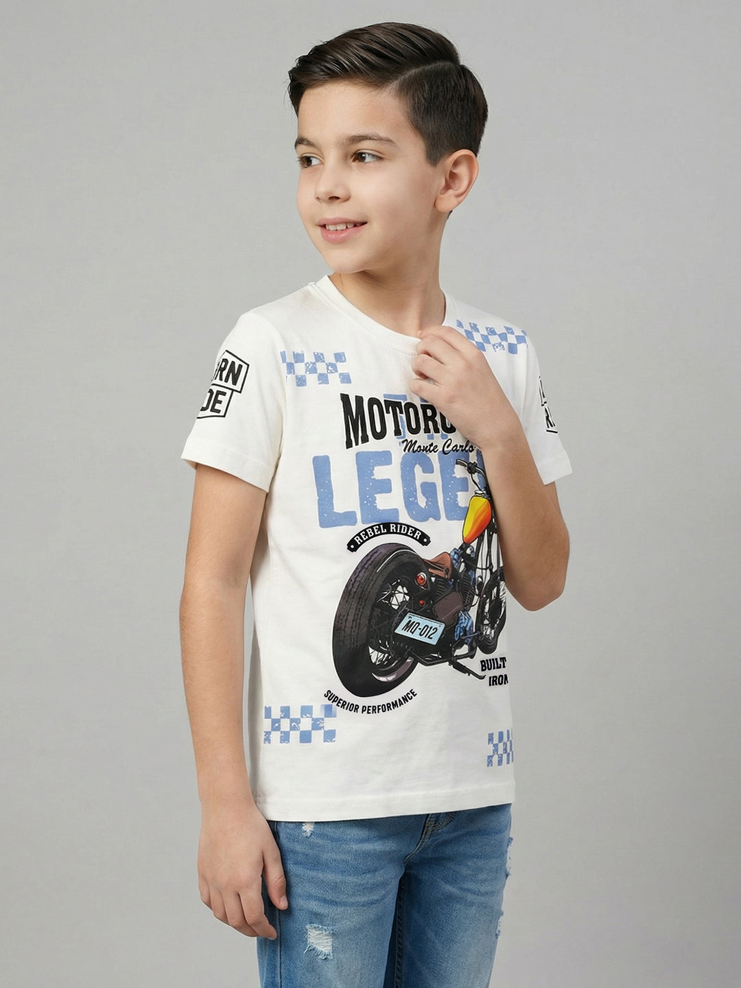 Boys Off White Printed Round Neck Half Sleeve T-Shirt